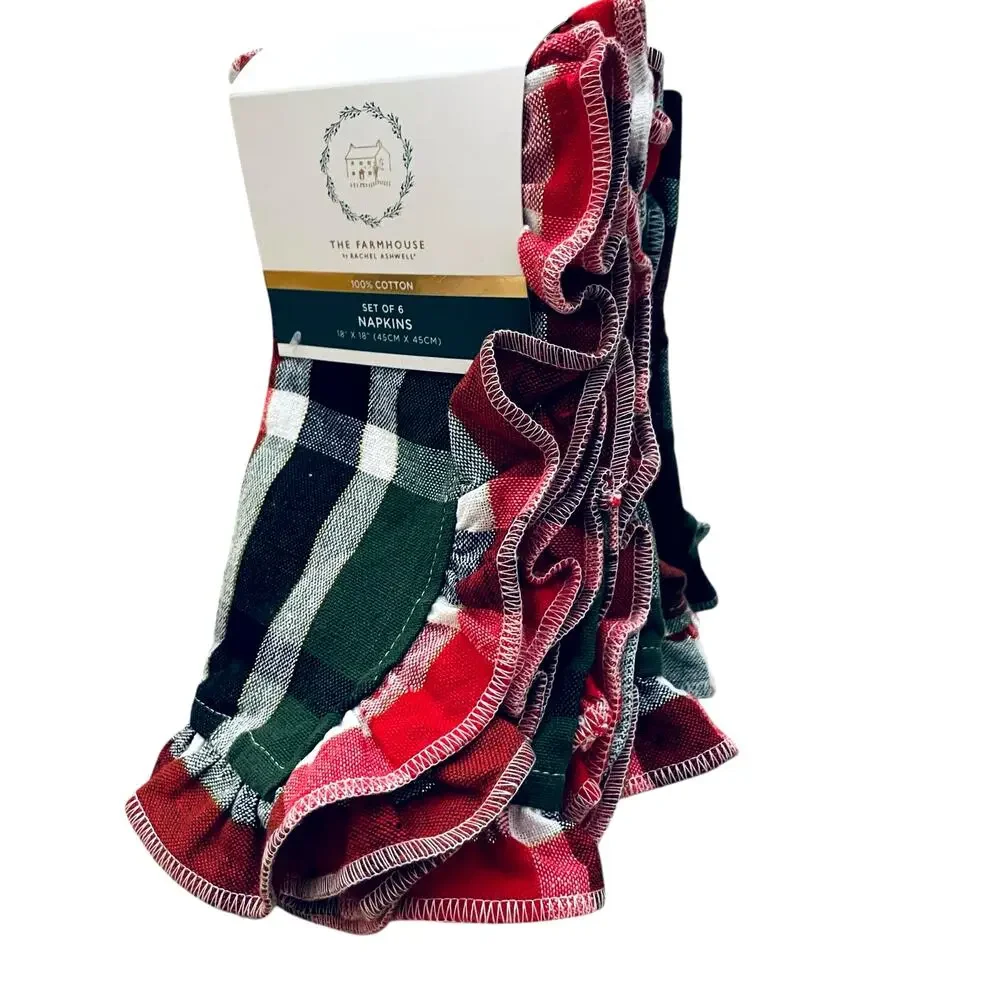 RACHEL ASHWELL Farmhouse Set 6 Christmas Plaid Cloth Napkins Red Green Gold NWT